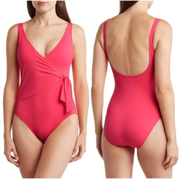 NWT Tommy Bahama Tie Front Wrap One Piece Swimsuit Pink Flattering Sz 8 - Picture 1 of 10